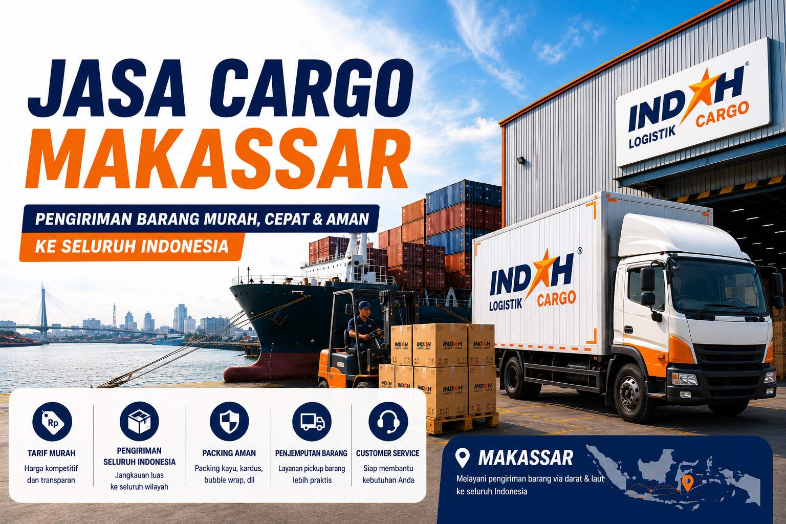 Jasa Cargo Makassar Murah melayani pengiriman barang ke seluruh Indonesia melalui jalur darat dan laut